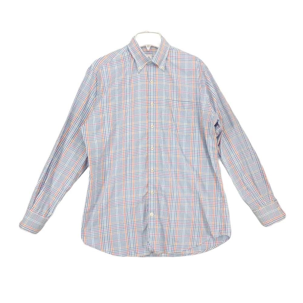 PETER MILLAR Men's L Blue Plaid Check Long Sleeve Button Down Cotton Dress Shirt